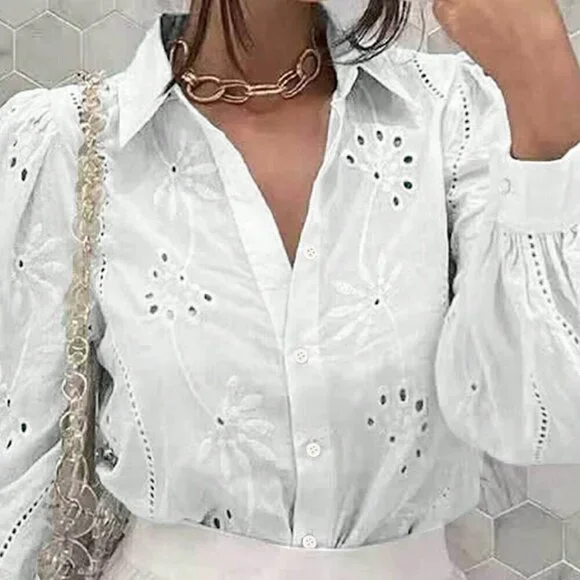 White Casual Women's Hollow Out Embroidery Button Front Long Sleeve Shirt - Picture 5 of 5